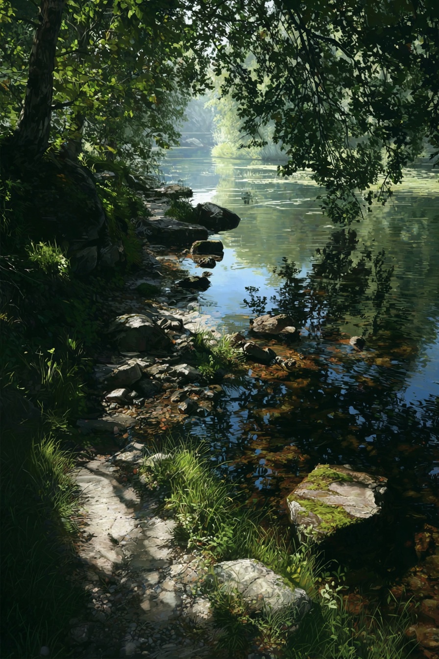 Peaceful river path through green forest - clarity and intention