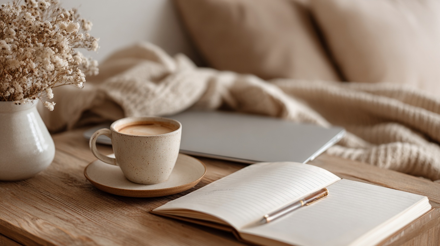 Thoughtful workspace - notebook, coffee, and craft